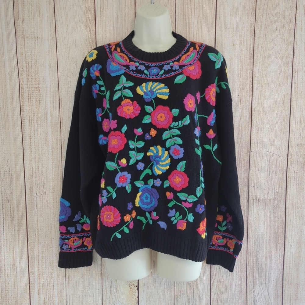 Vintage Carole Hanson black sweater with Multicolored Floral embroidery